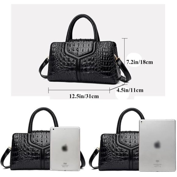 🆕Women's Black Handle Purse Crocodile Faux Leather Tote Zipper Shoulder Bag - Picture 4 of 7